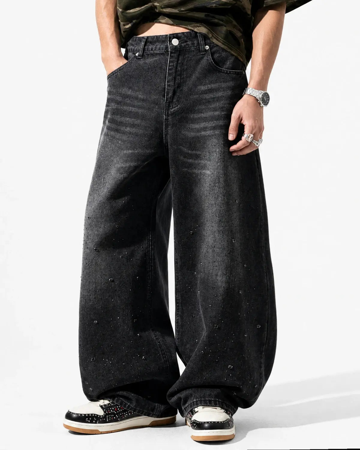 Vintage Washed Rhinestone Barrel Jeans | Flation Streetwear