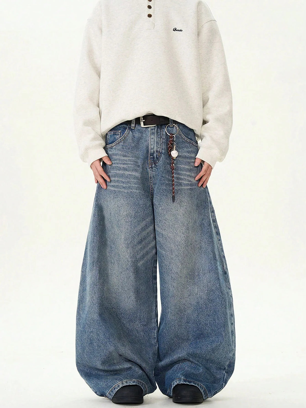 Flation Wide Leg Loose Fit Distressed Vintage Denim Jeans