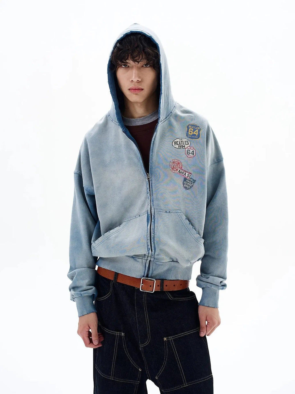Blue Distressed Acid Wash Zip Up Hoodies | Flation Streetwear