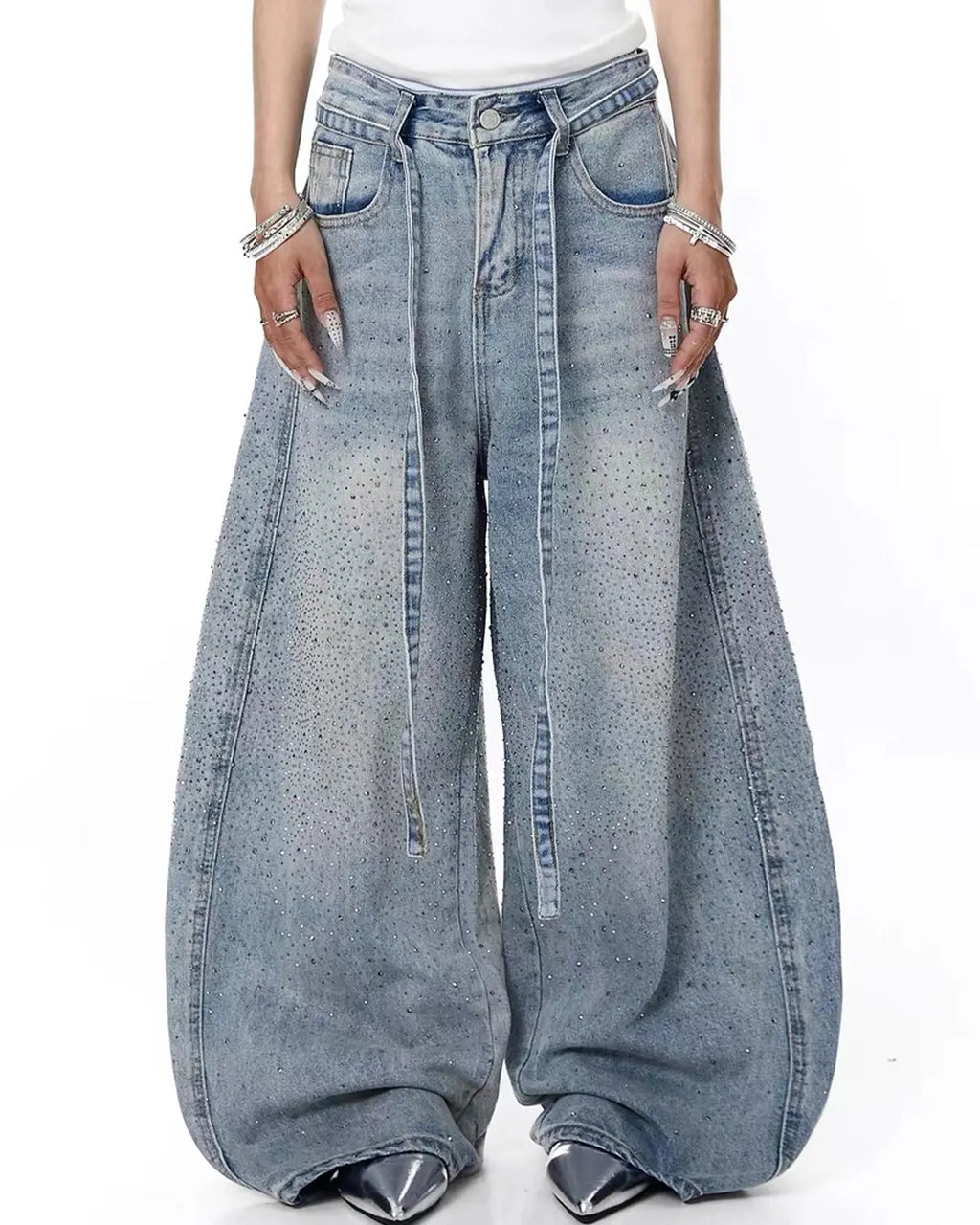 Rhinestone Baggy Barrel Jeans | Flation Streetwear