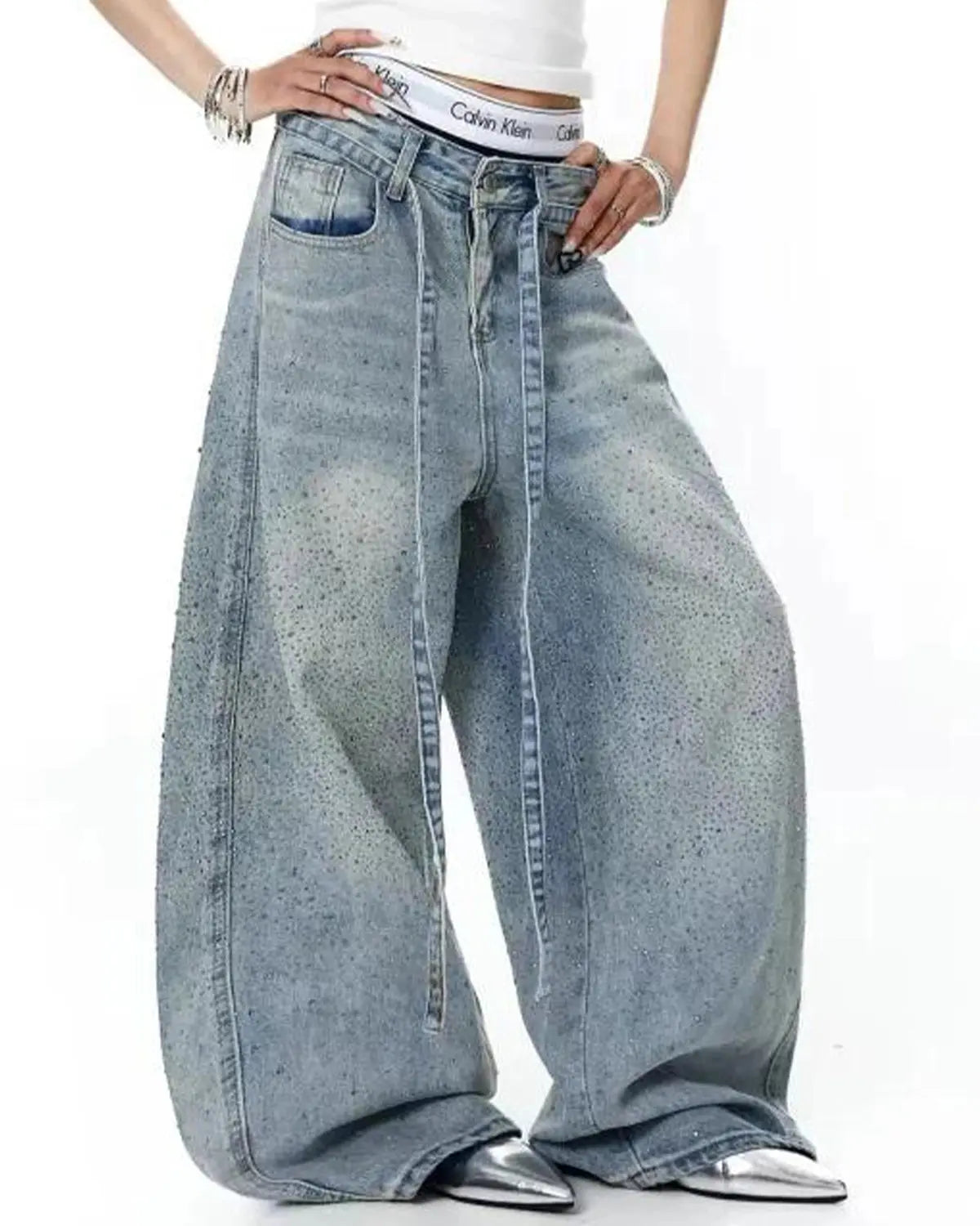 Rhinestone Baggy Barrel Jeans | Flation Streetwear
