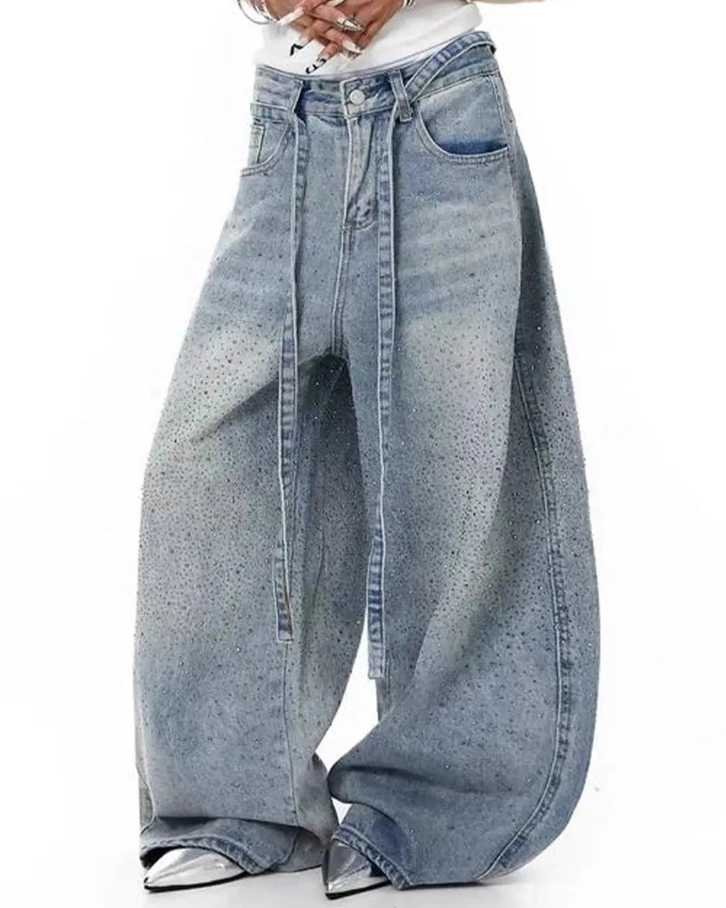 Rhinestone Baggy Barrel Jeans | Flation Streetwear