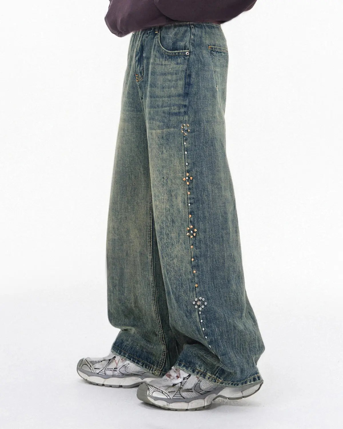 Acid Wash Beaded Studded Flared Baggy Jeans | Flation Streetwear