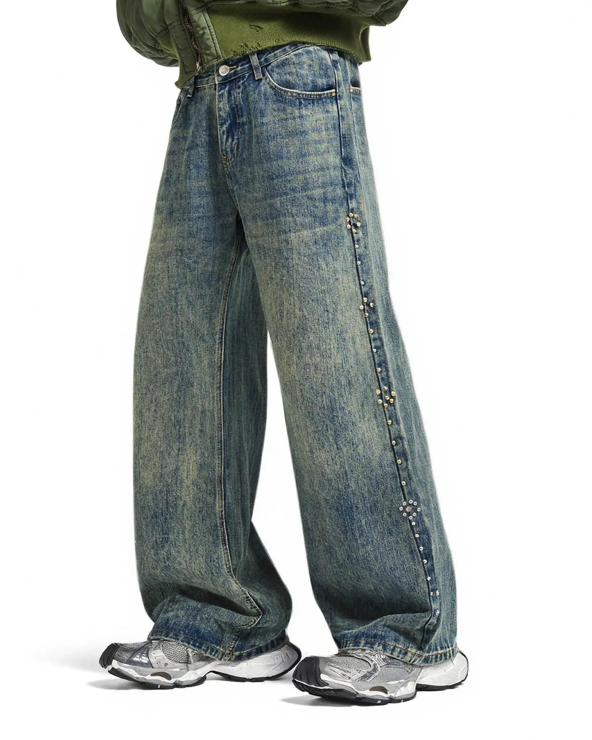 Acid Wash Beaded Studded Flared Baggy Jeans | Flation Streetwear