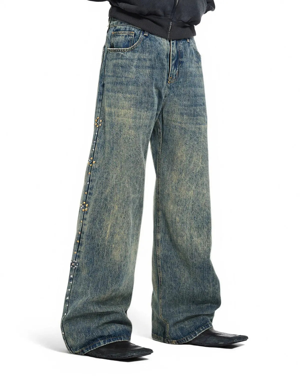 Acid Wash Beaded Studded Flared Baggy Jeans | Flation Streetwear