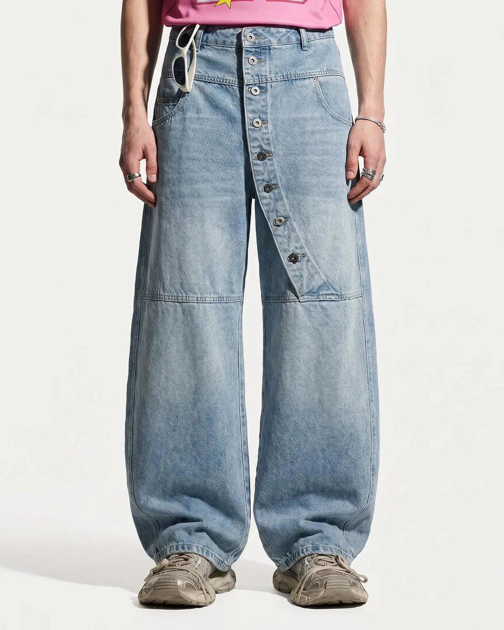 Asymmetric Button Baggy Jeans | Flation Streetwear