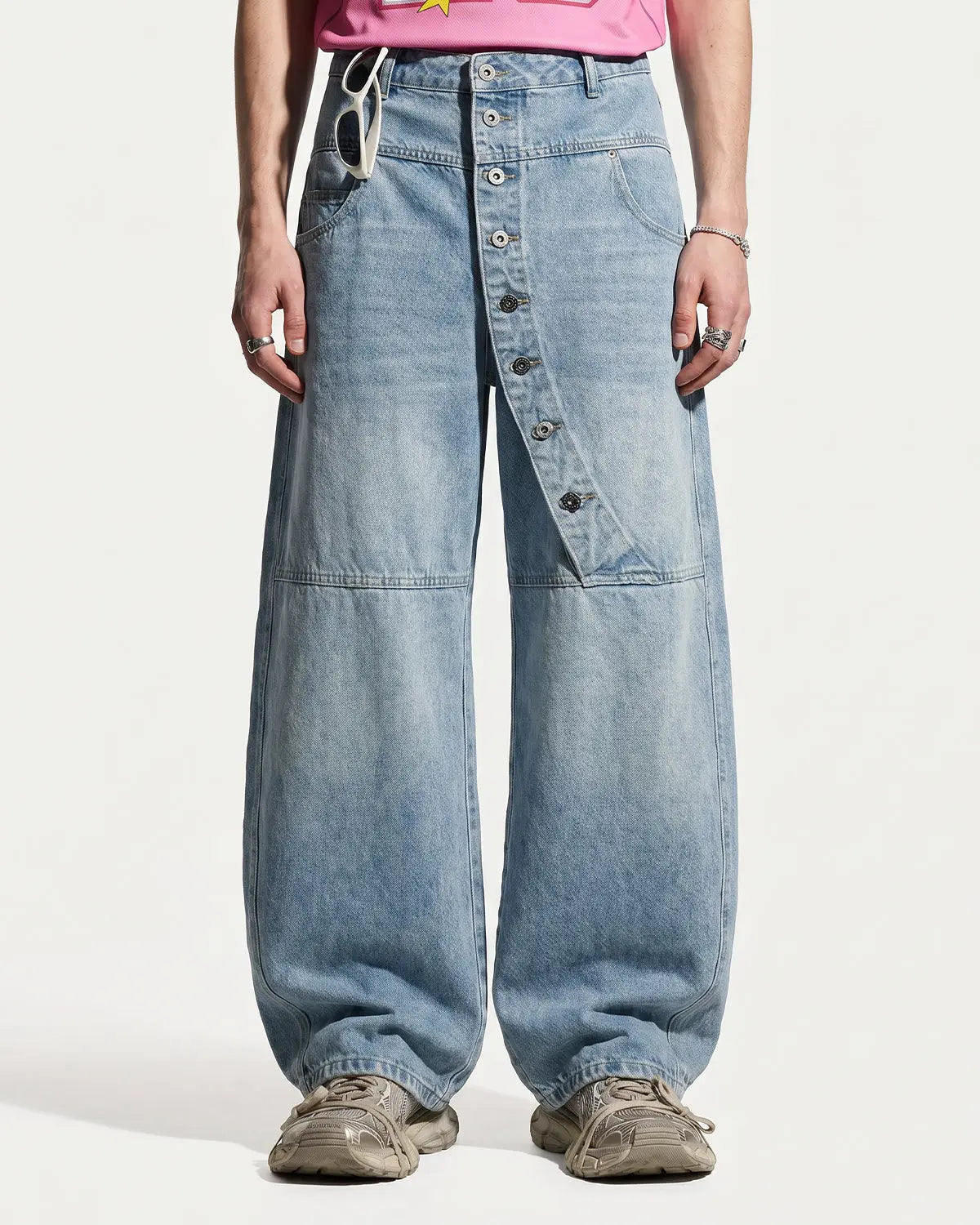 Asymmetric Button Baggy Jeans | Flation Streetwear
