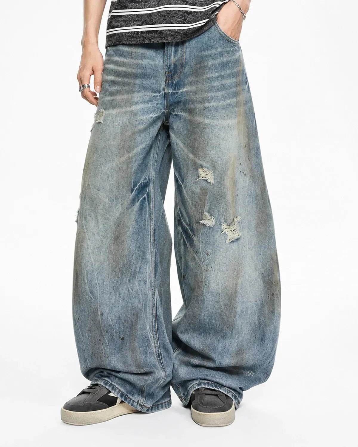 Dirty Wash Distressed Barrel Jeans | Flation Streetwear