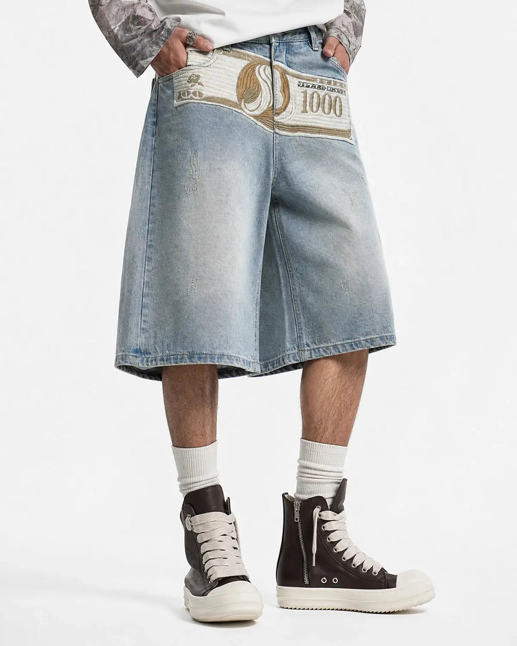 Dollar Patch Embroidery Denim Jorts | Flation Streetwear