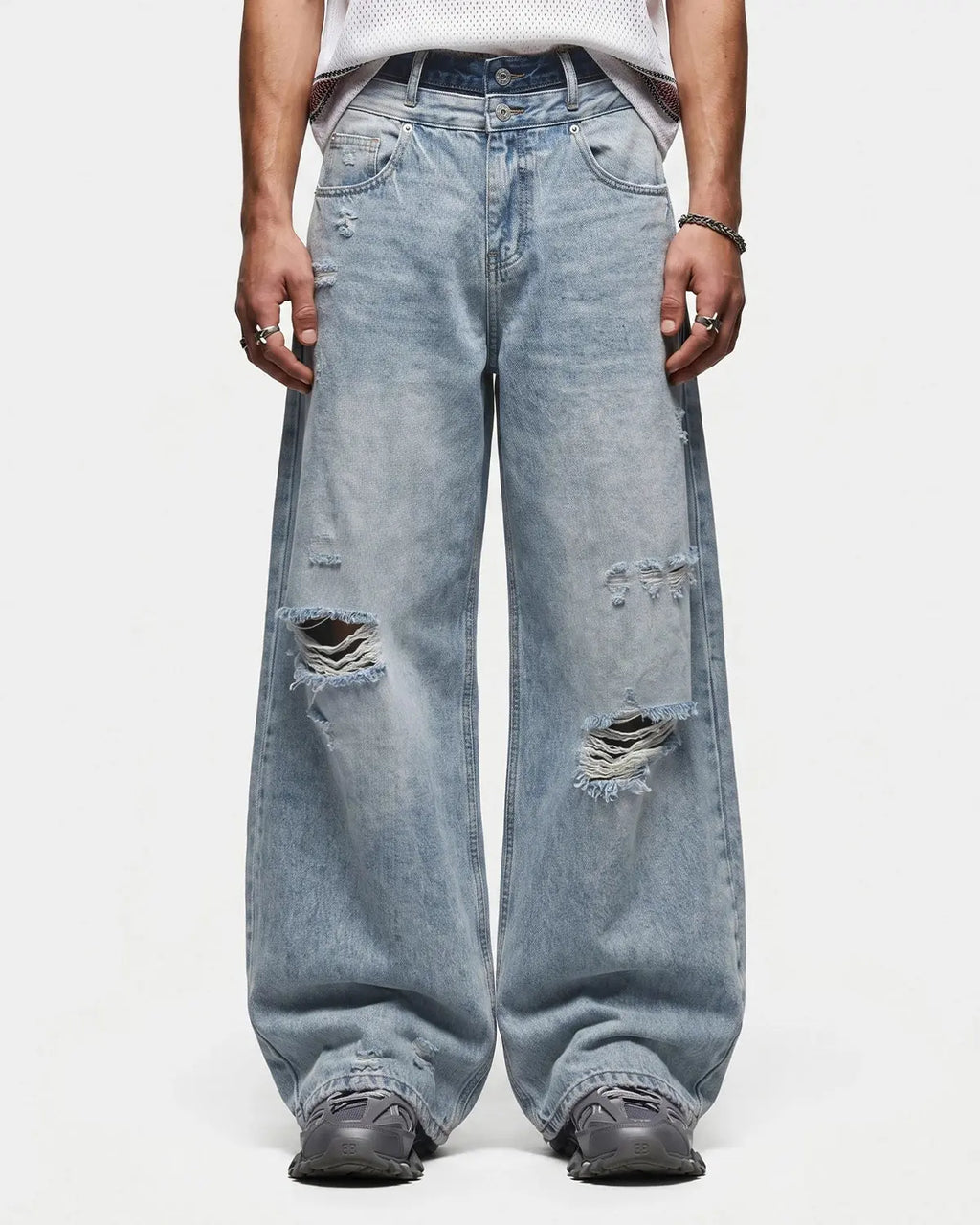 Double Waist Distressed Baggy Jeans | Flation Streetwear