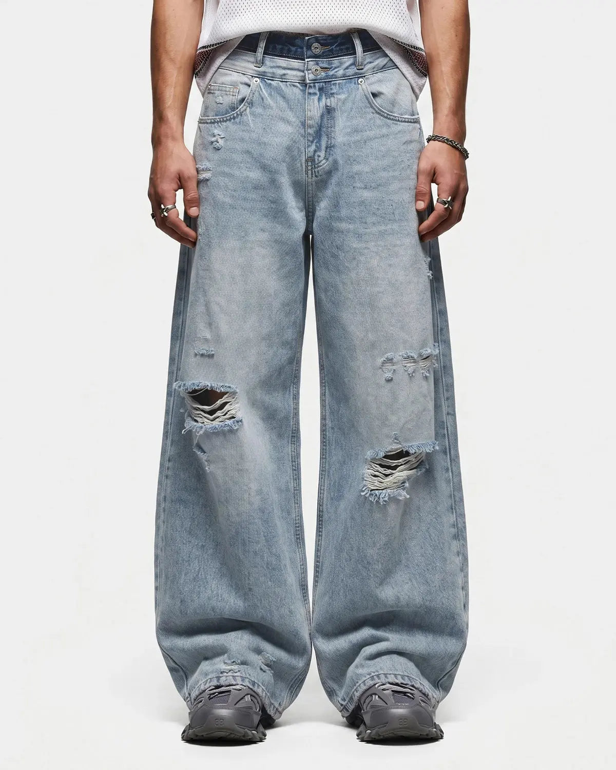 Double Waist Distressed Baggy Jeans | Flation Streetwear