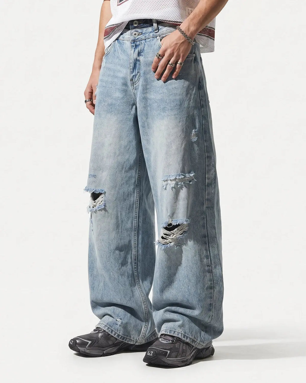 Double Waist Distressed Baggy Jeans | Flation Streetwear