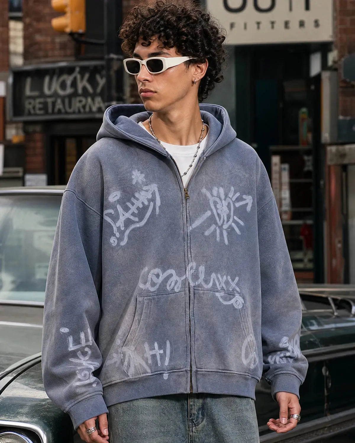 Flation Graffiti Washed Zip Up Hoodies