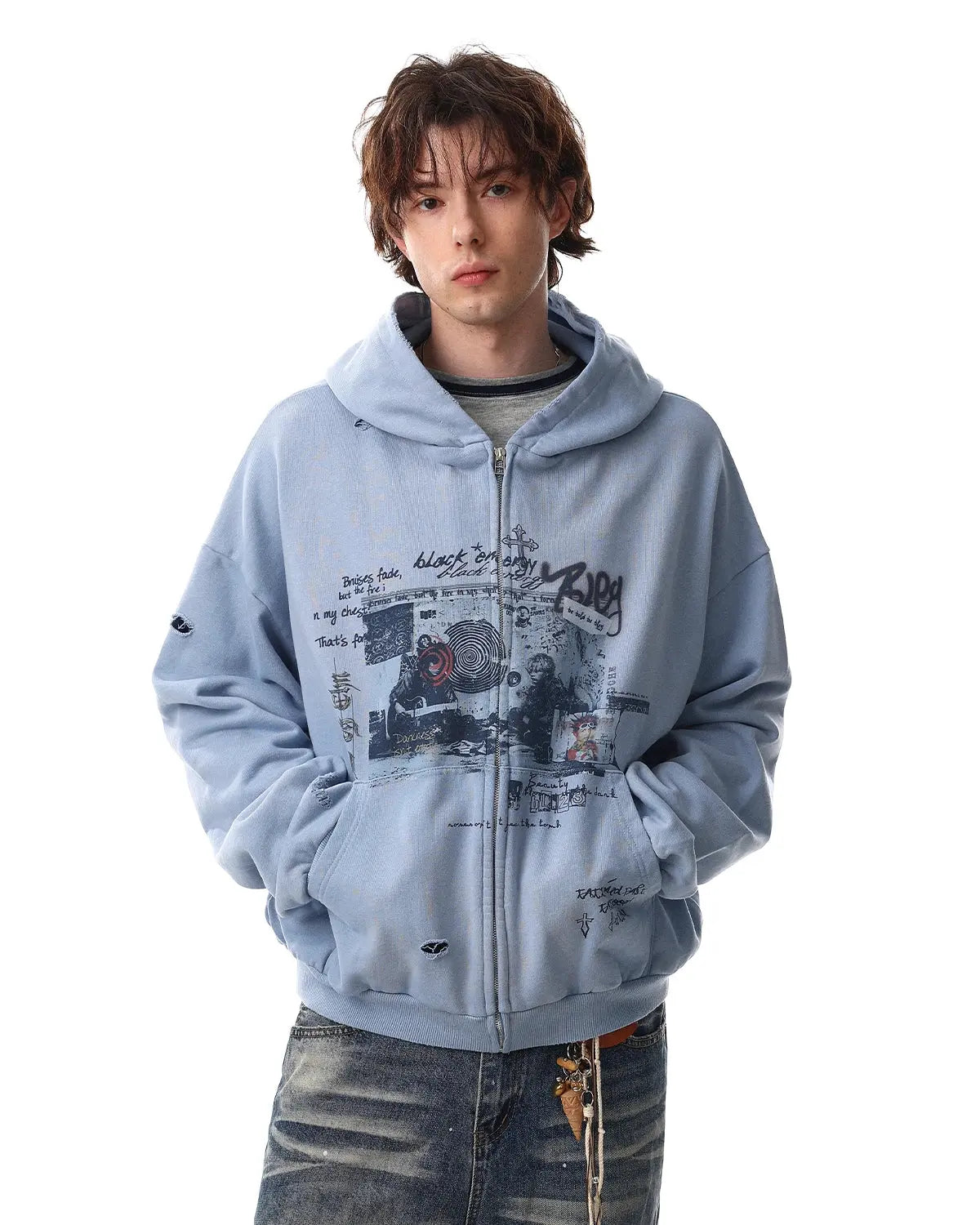Graffiti Character Distressed Washed Zip Hoodies | Flation Streetwear