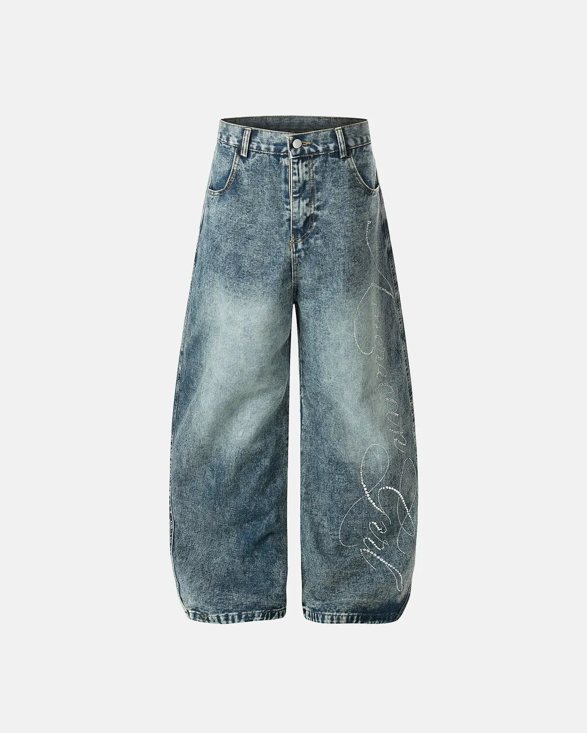 Rhinestone Acid Wash Baggy Jeans | Flation Streetwear