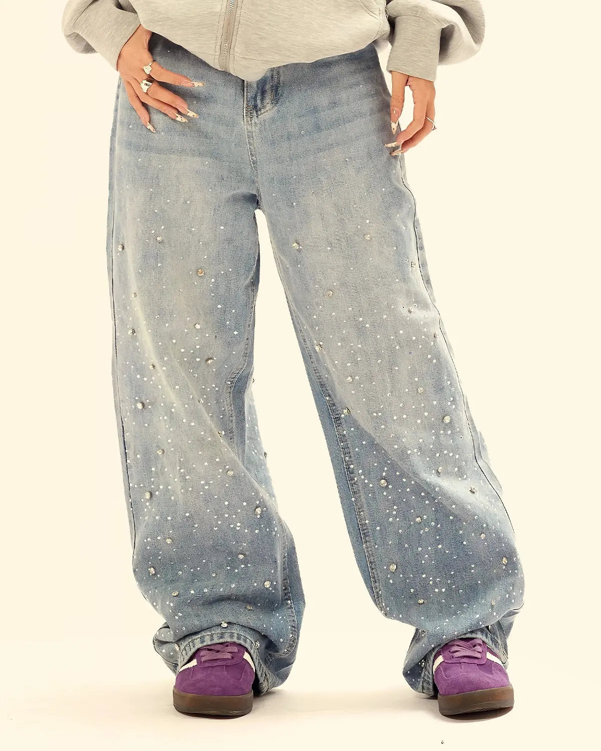 Studded Rhinestone Baggy Jeans | Flation Streetwear