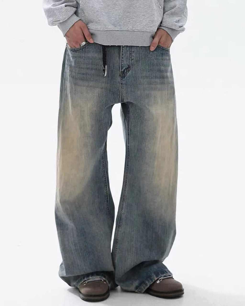 Washed  Bamboo Weave Baggy Bootcut Jeans | Flation Streetwear