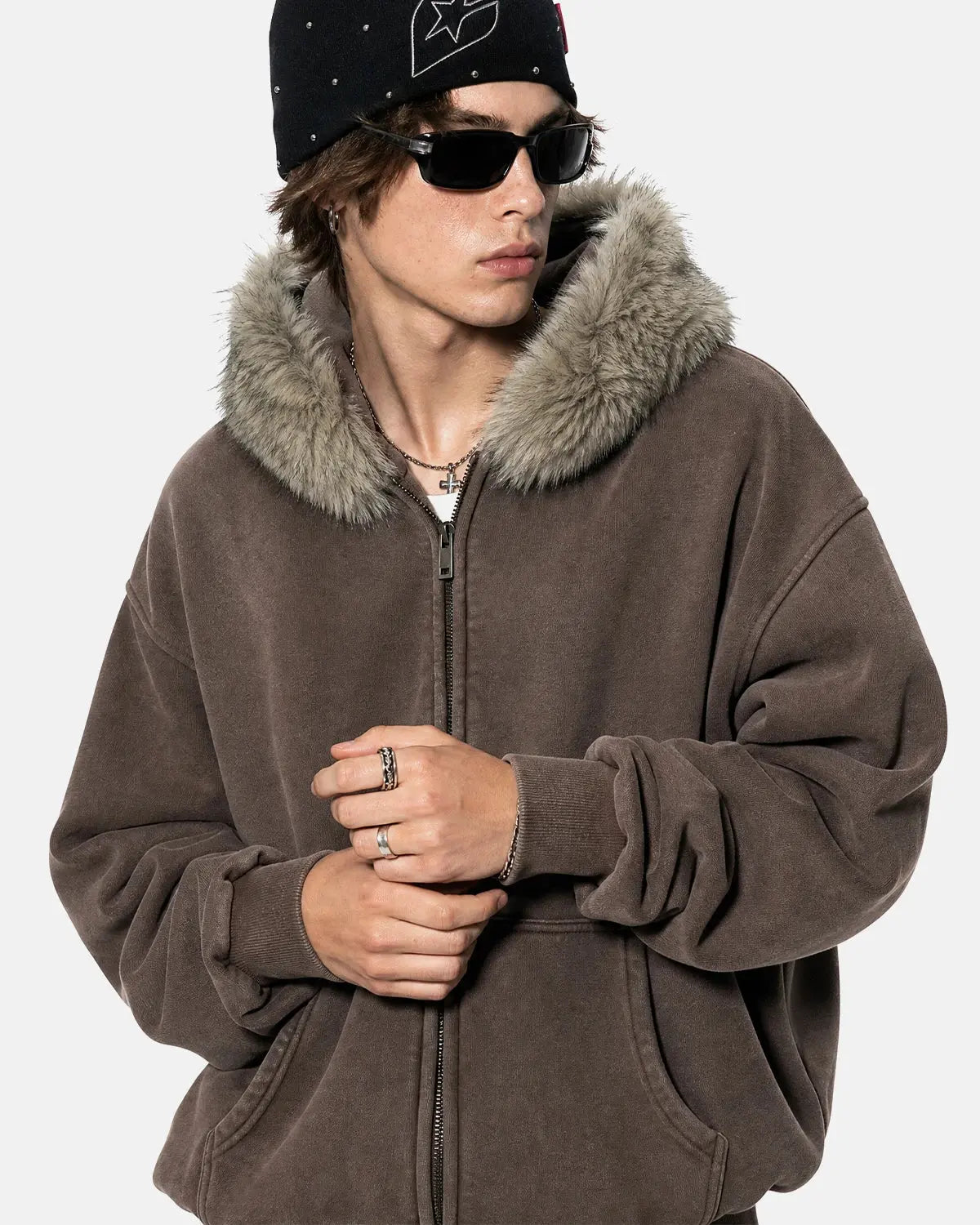 Faux Fur Collar Acid Wash Zip Up Hoodies | Flation Streetwear