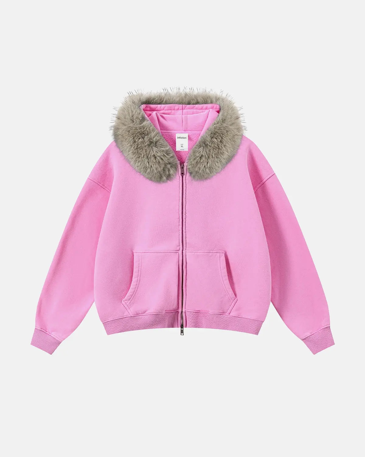 Faux Fur Collar Acid Wash Zip Up Hoodies | Flation Streetwear