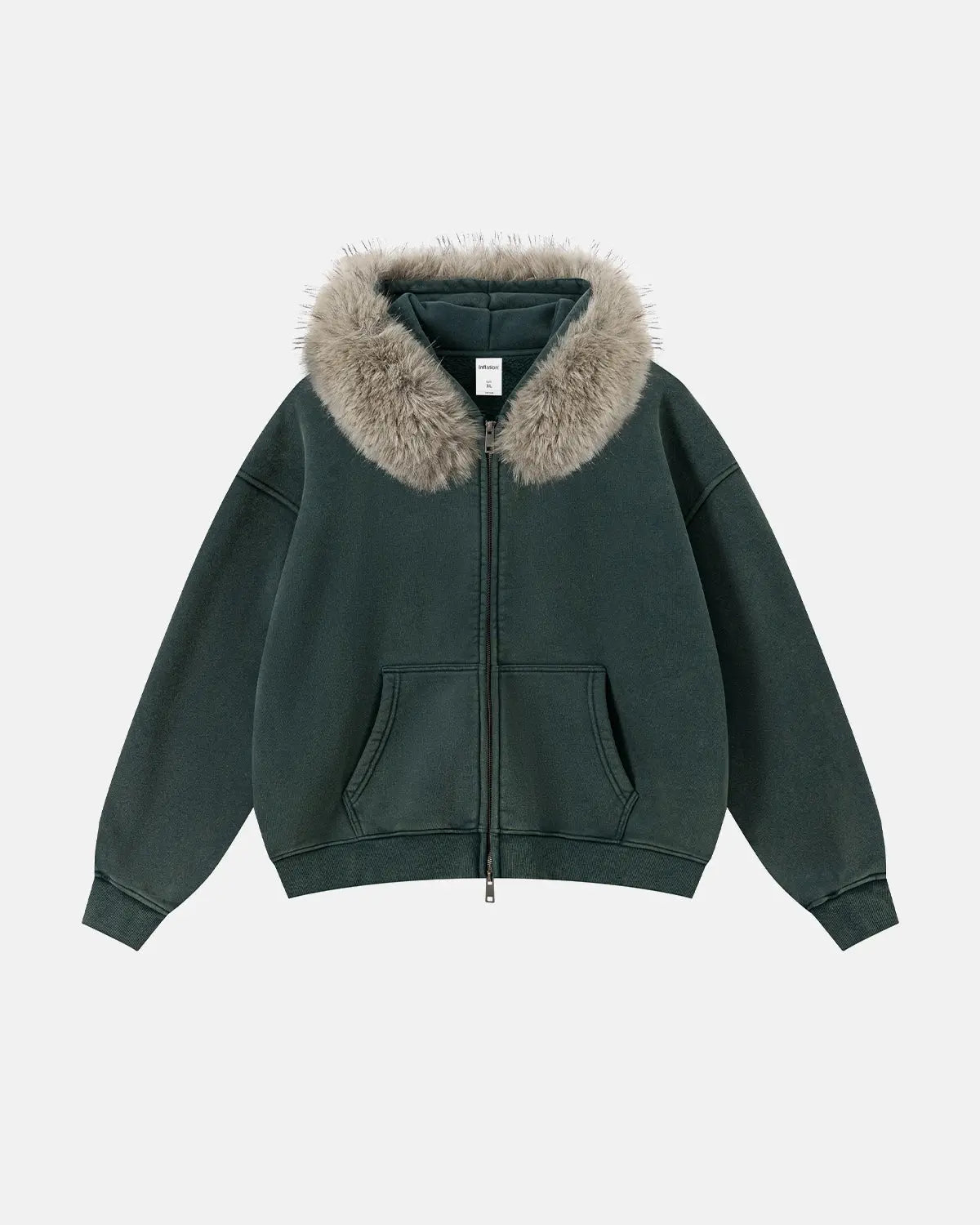 Faux Fur Collar Acid Wash Zip Up Hoodies | Flation Streetwear