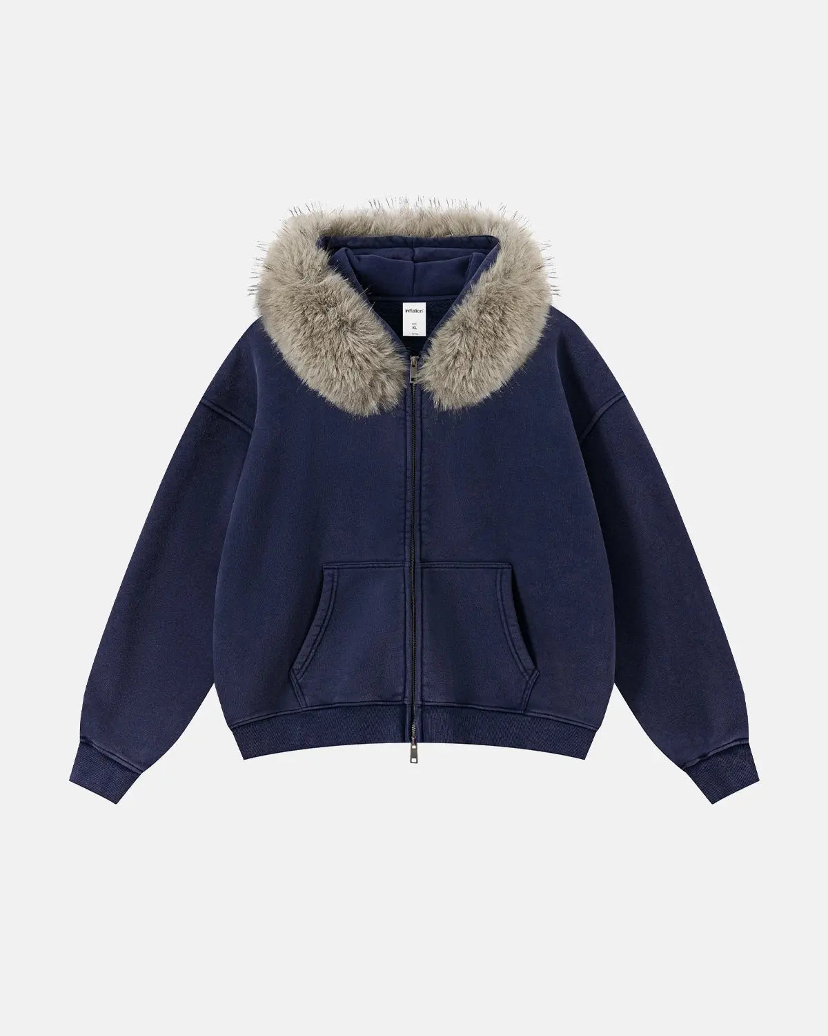 Faux Fur Collar Acid Wash Zip Up Hoodies | Flation Streetwear