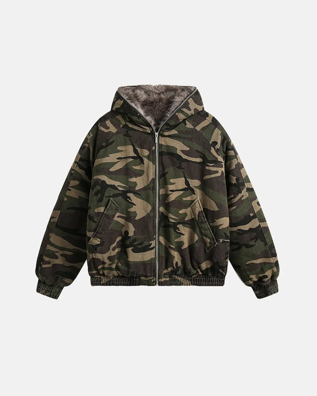 Camo Faux Fur Lined Bomber Jacket | Flation Streetwear