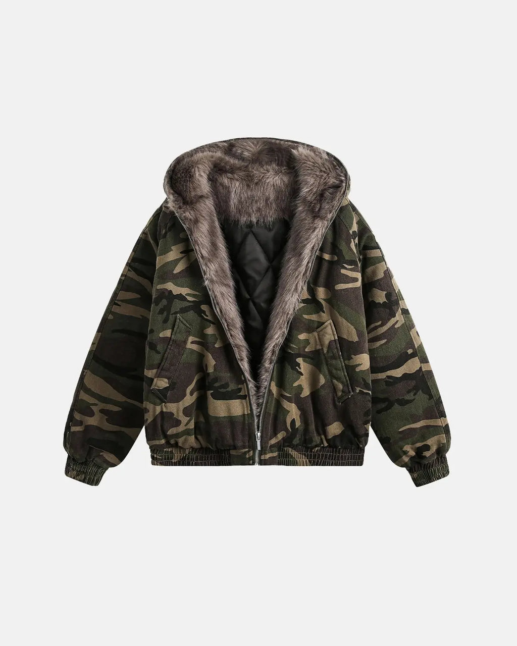 Camo Faux Fur Lined Bomber Jacket | Flation Streetwear