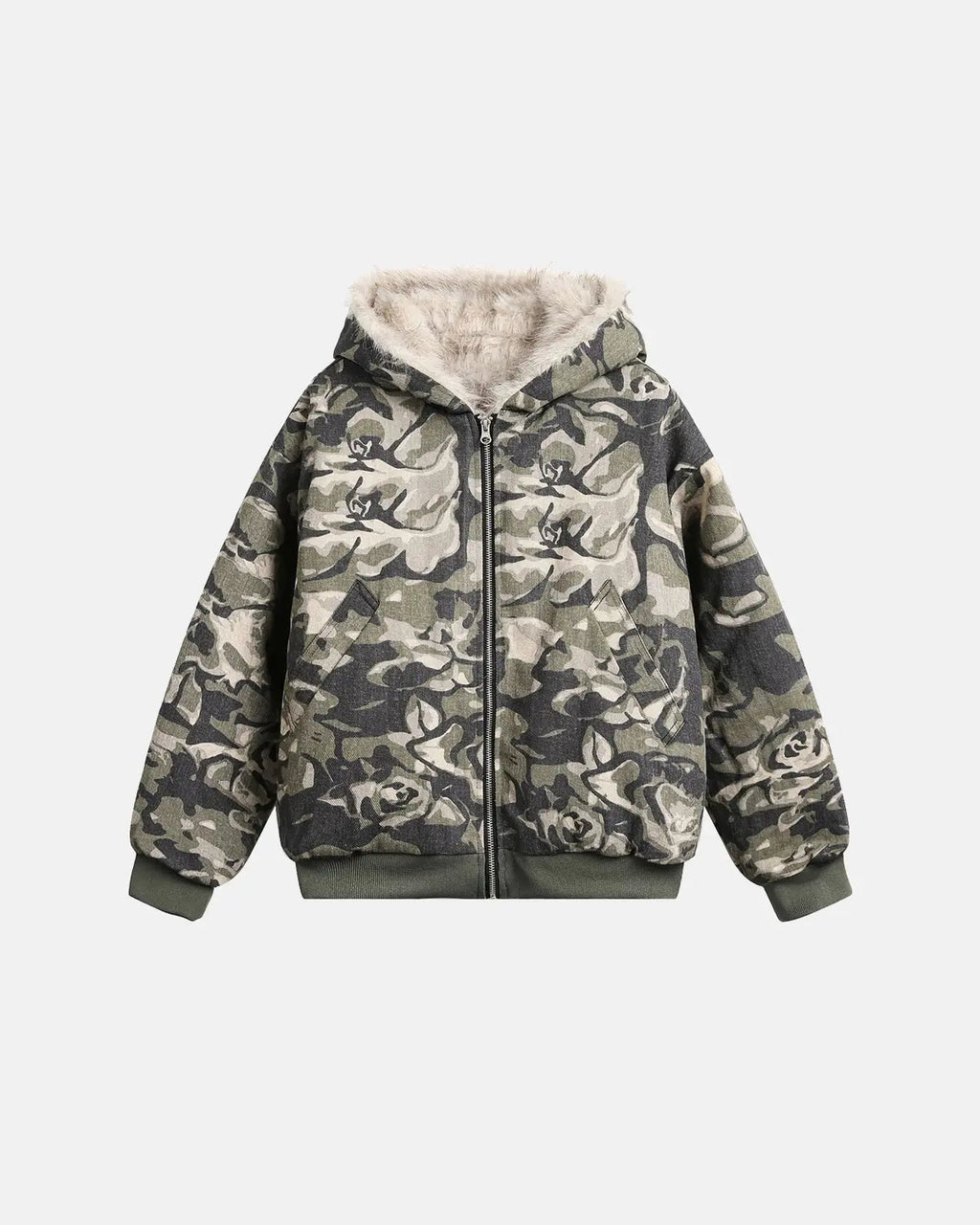 Camo Faux Fur Padded Hooded Jacket | Flation Streetwear