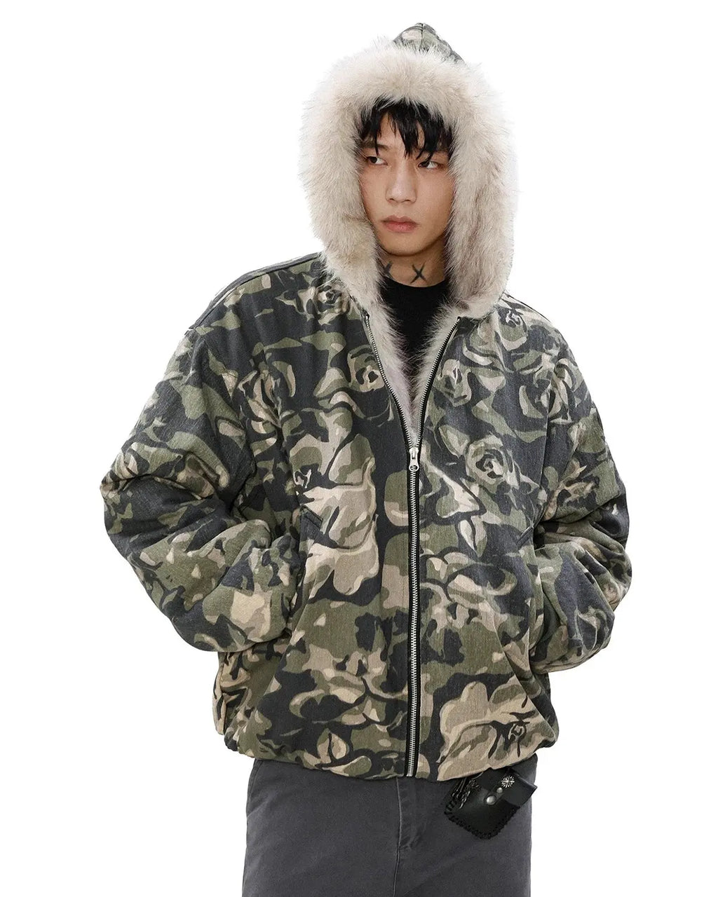 Camo Faux Fur Padded Hooded Jacket | Flation Streetwear