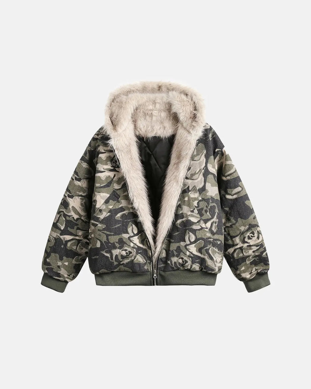 Camo Faux Fur Padded Hooded Jacket | Flation Streetwear