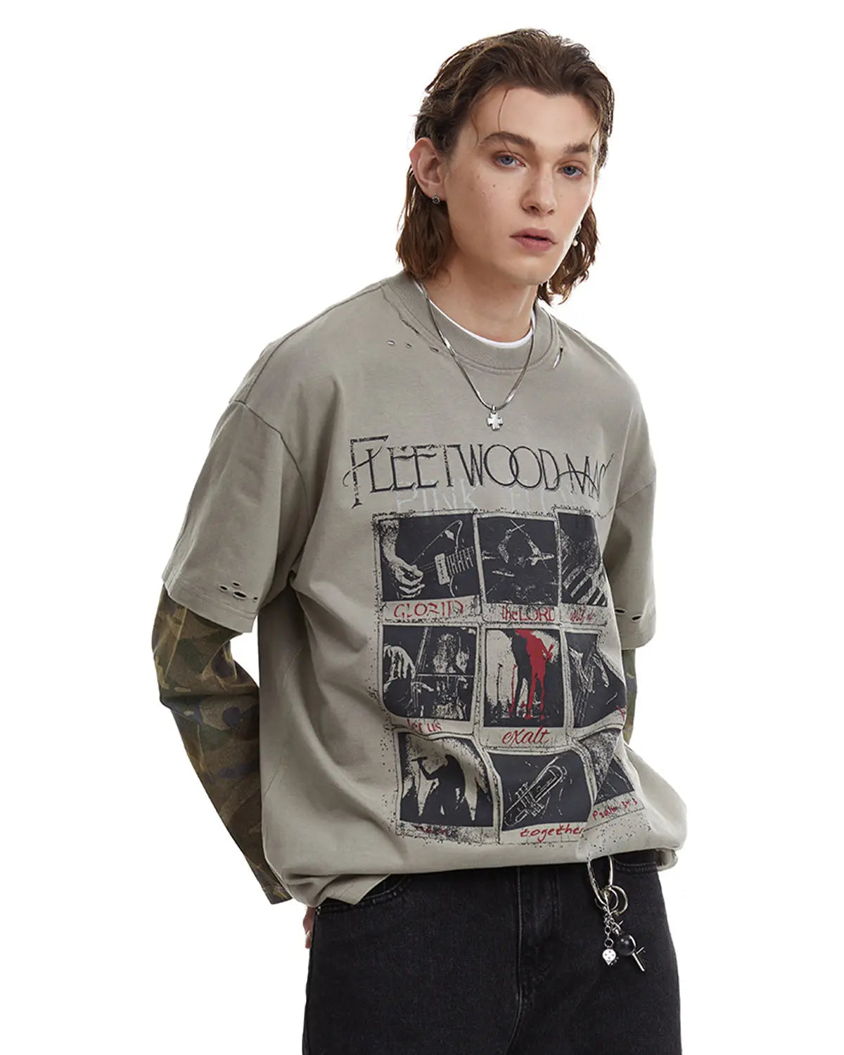 Camo Sleeve Layered Graphic T-Shirt | Flation Streetwear