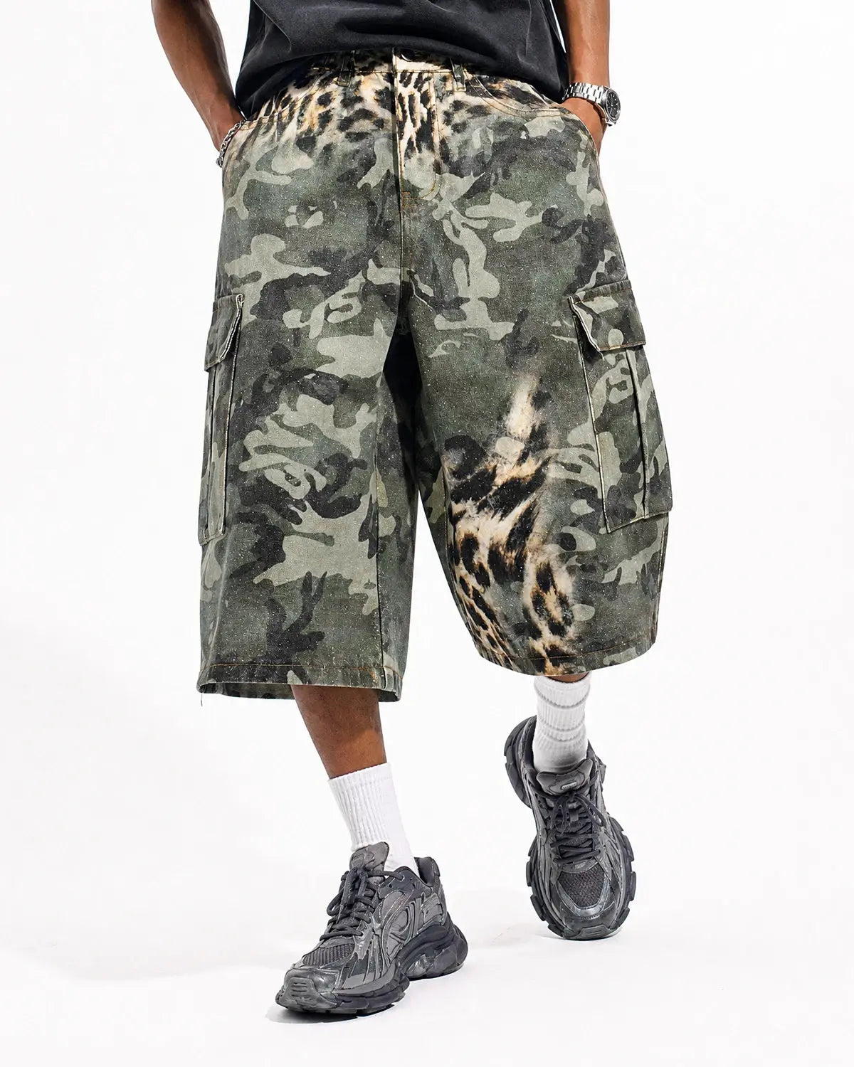 Leopard Camo Cargo Longline Shorts | Flation Streetwear