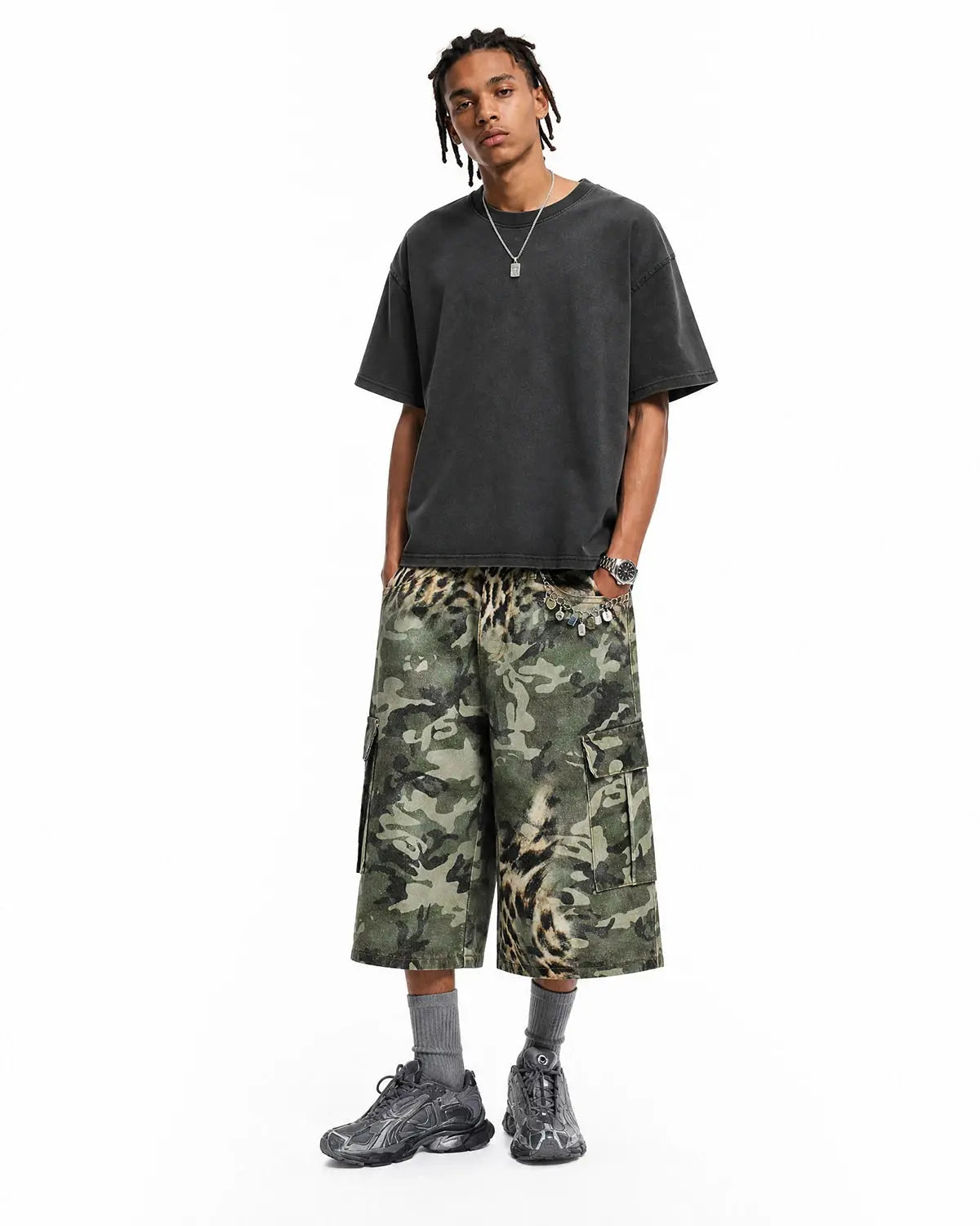 Leopard Camo Cargo Longline Shorts | Flation Streetwear