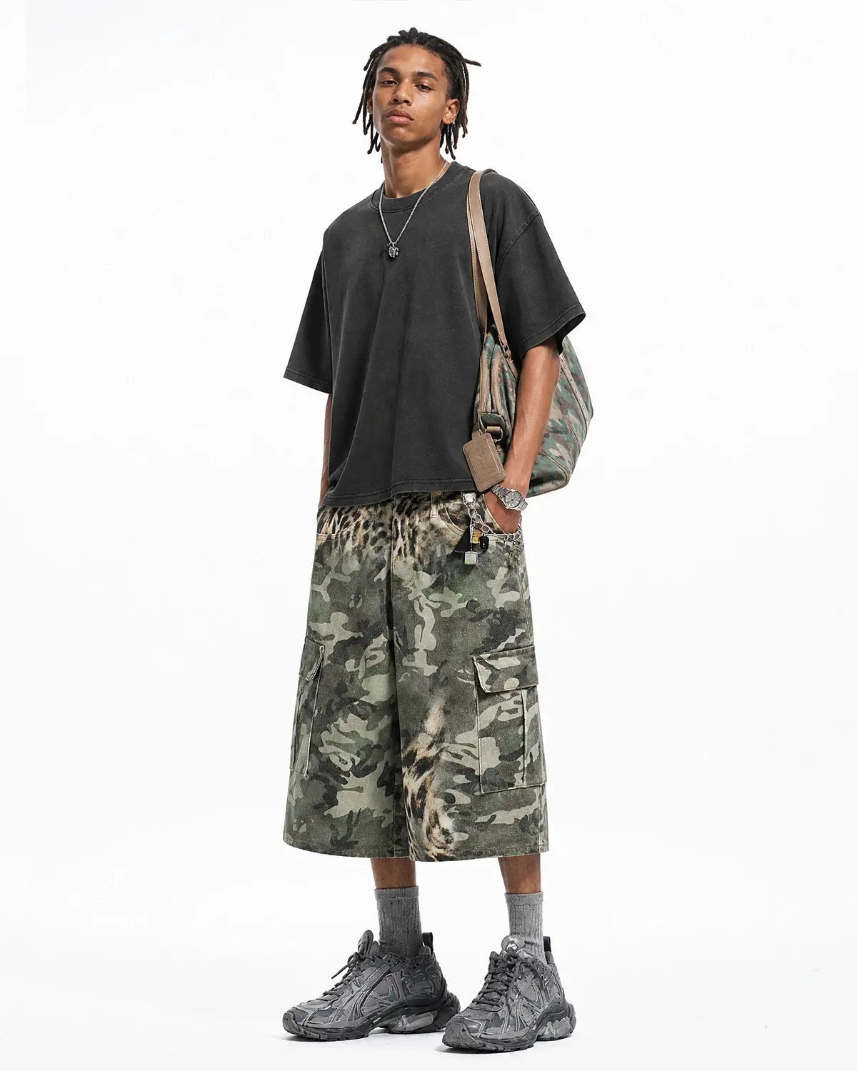 Leopard Camo Cargo Longline Shorts | Flation Streetwear
