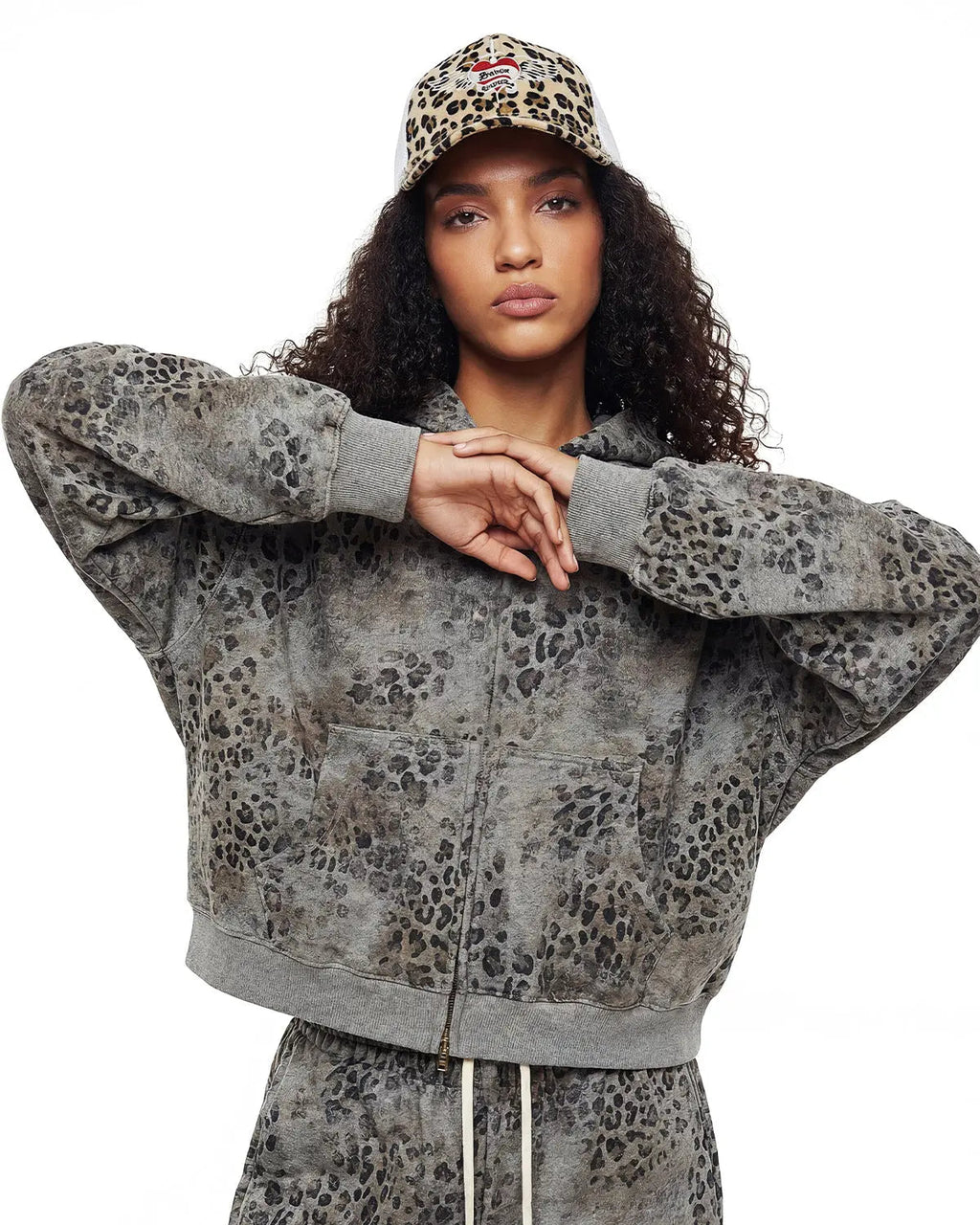 Leopard Print Boxy Zip Up Hoodie | Flation Streetwear