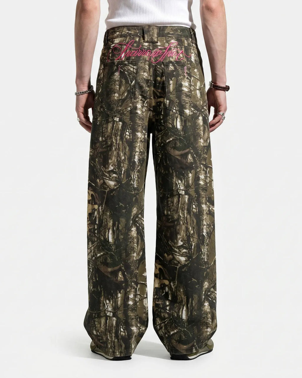 Pink Embroidered Camo Baggy Pants | Flation Streetwear