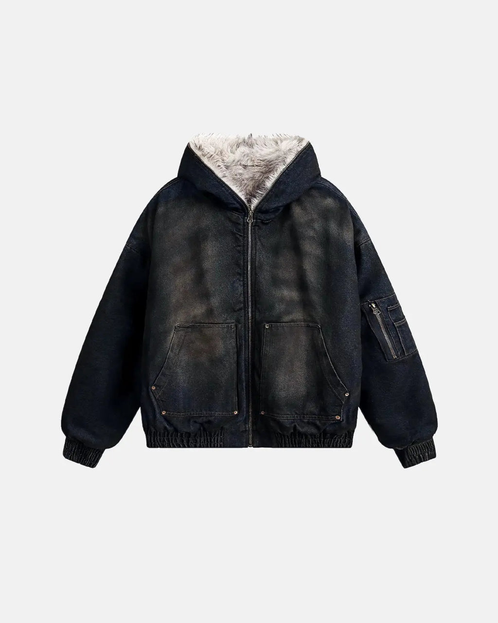Faux Fur Lined Acid Wash Bomber Jacket | Flation Streetwear