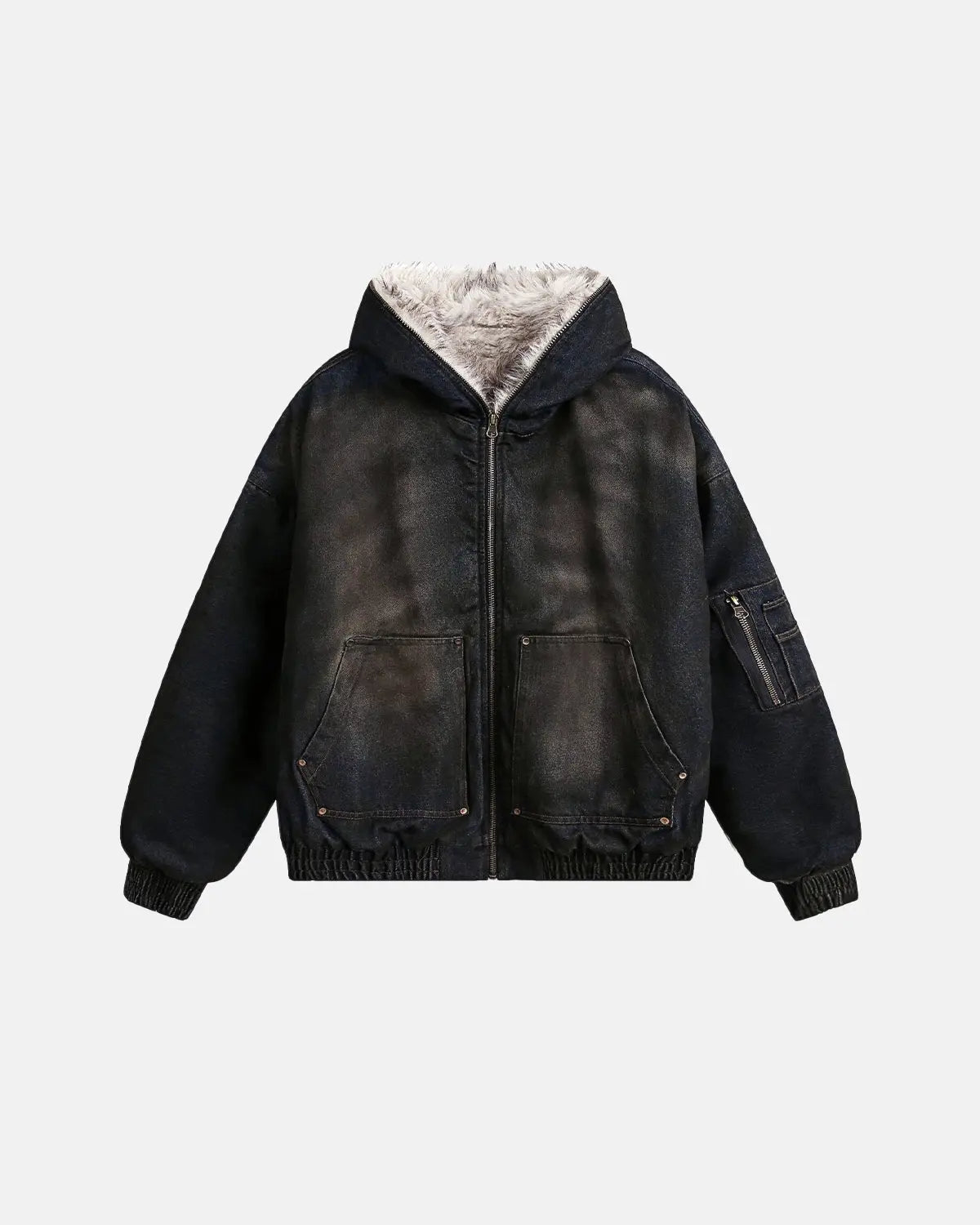 Faux Fur Lined Acid Wash Bomber Jacket | Flation Streetwear
