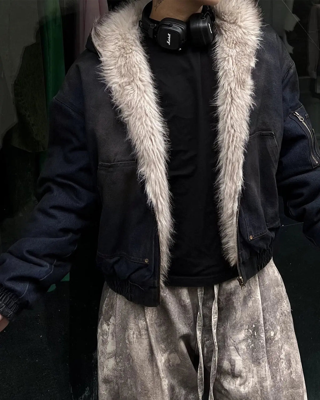 Faux Fur Lined Acid Wash Bomber Jacket | Flation Streetwear