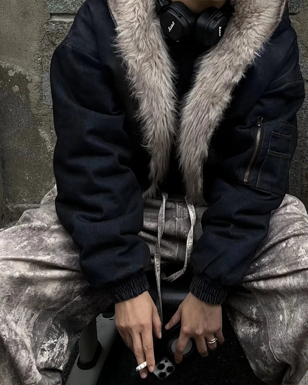 Faux Fur Lined Acid Wash Bomber Jacket | Flation Streetwear