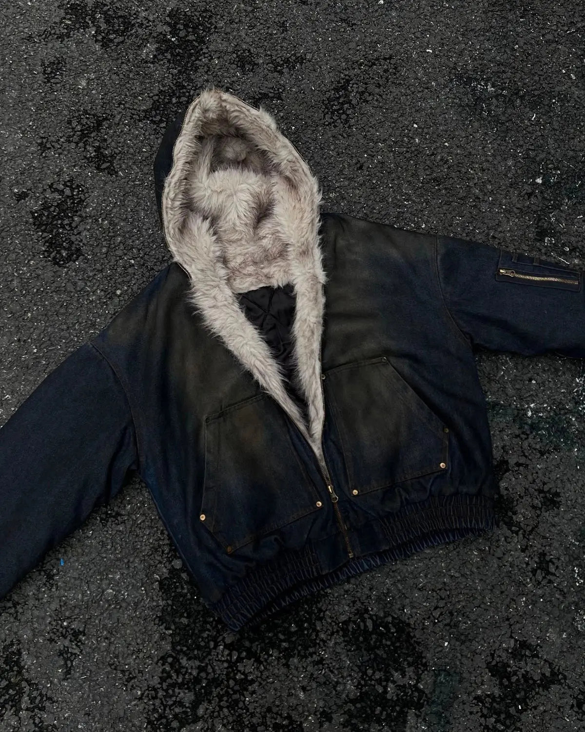 Faux Fur Lined Acid Wash Bomber Jacket | Flation Streetwear