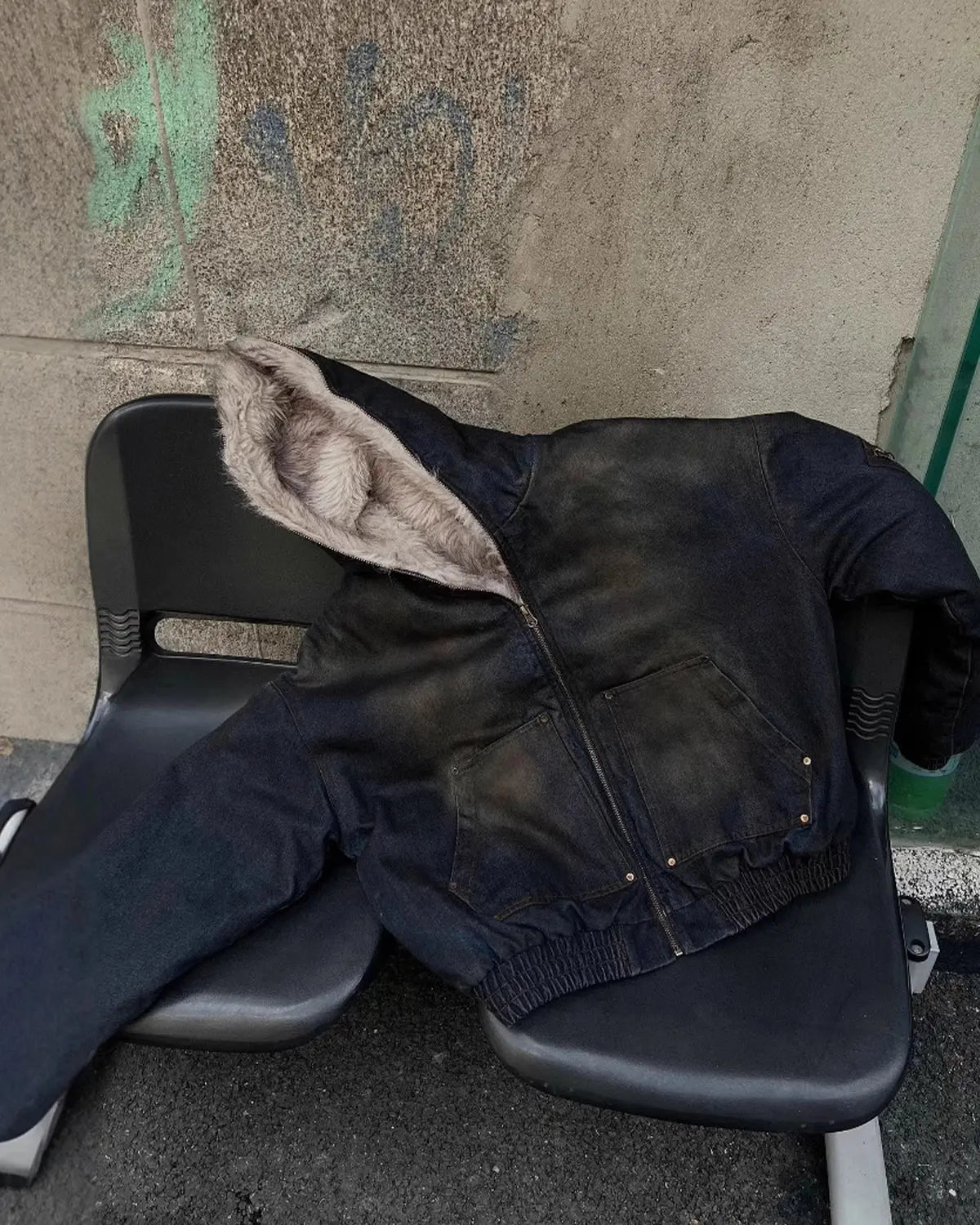 Faux Fur Lined Acid Wash Bomber Jacket | Flation Streetwear