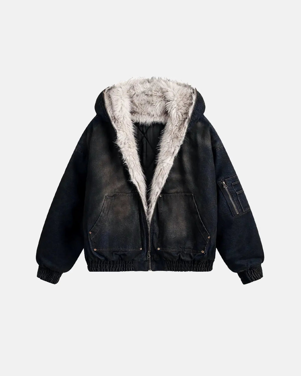 Faux Fur Lined Acid Wash Bomber Jacket | Flation Streetwear