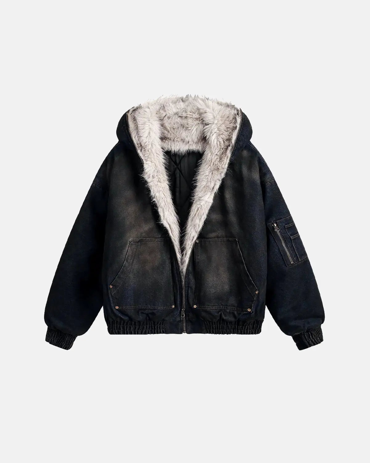 Faux Fur Lined Acid Wash Bomber Jacket | Flation Streetwear
