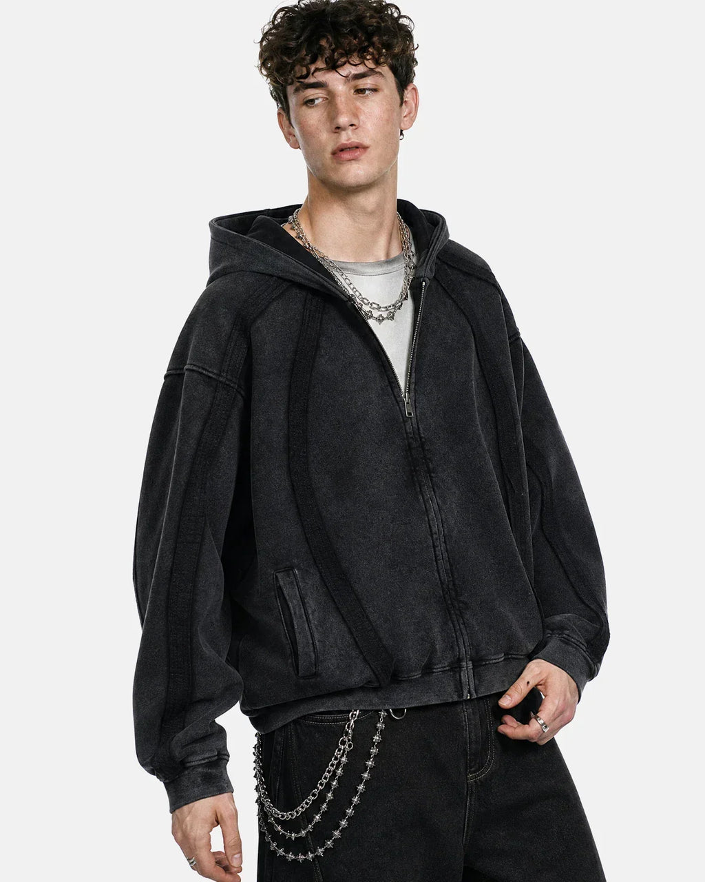 Snow Washed Raw Edge Boxy Zip Up Hoodie | Flation Streetwear