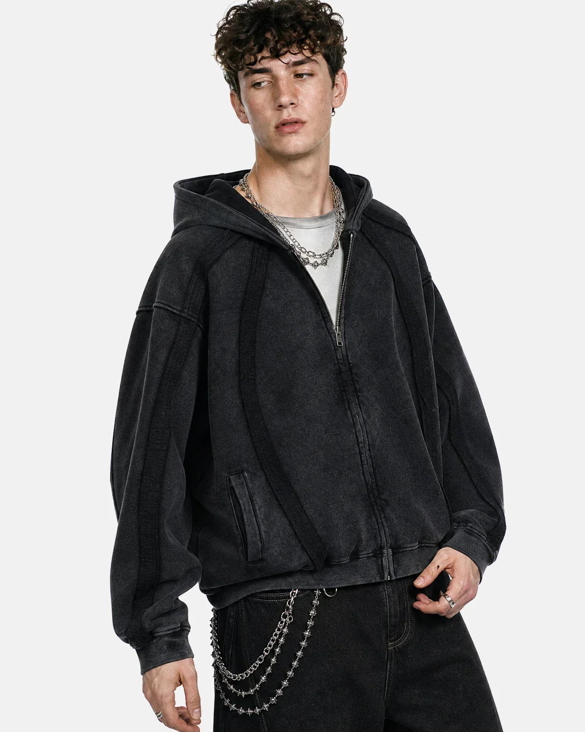 Snow Washed Raw Edge Boxy Zip Up Hoodie | Flation Streetwear