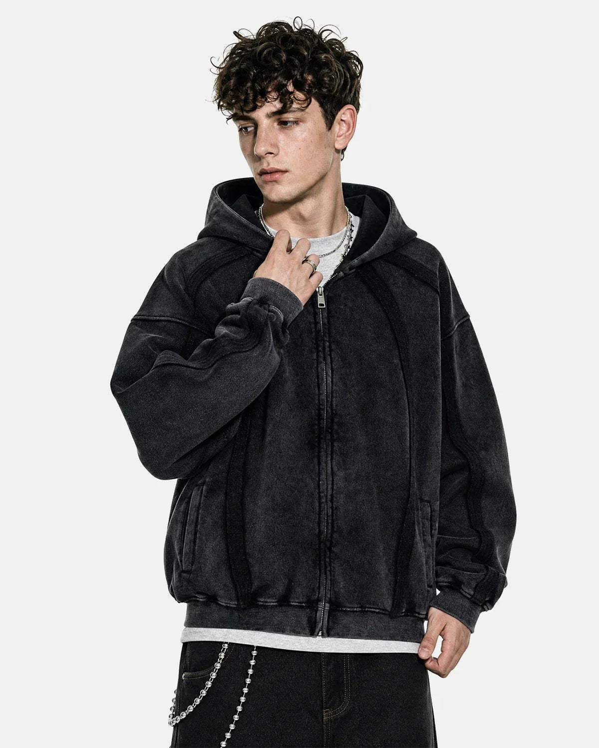 Snow Washed Raw Edge Boxy Zip Up Hoodie | Flation Streetwear