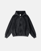 Snow Washed Raw Edge Boxy Zip Up Hoodie | Flation Streetwear