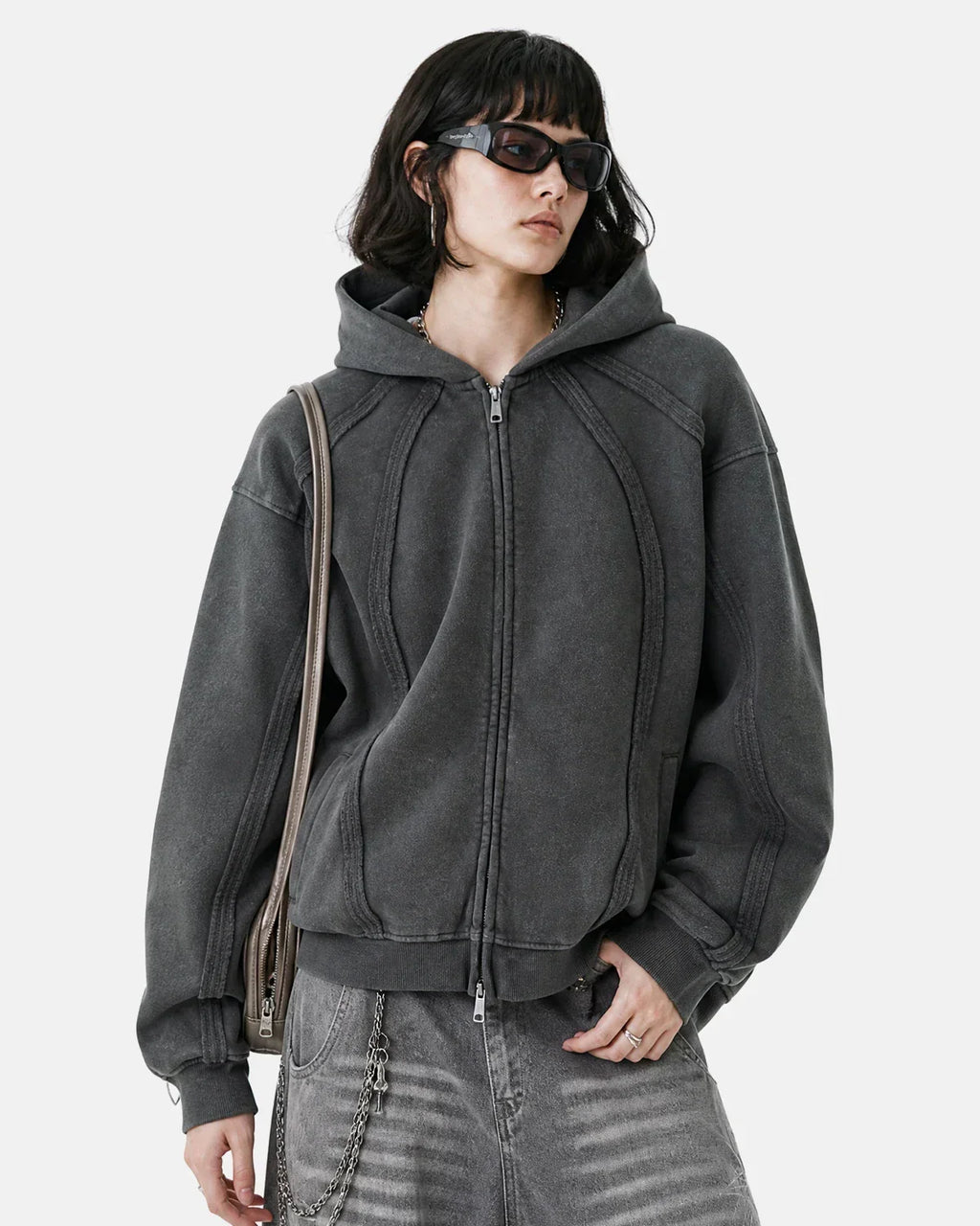Snow Washed Raw Edge Boxy Zip Up Hoodie | Flation Streetwear