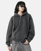 Snow Washed Raw Edge Boxy Zip Up Hoodie | Flation Streetwear